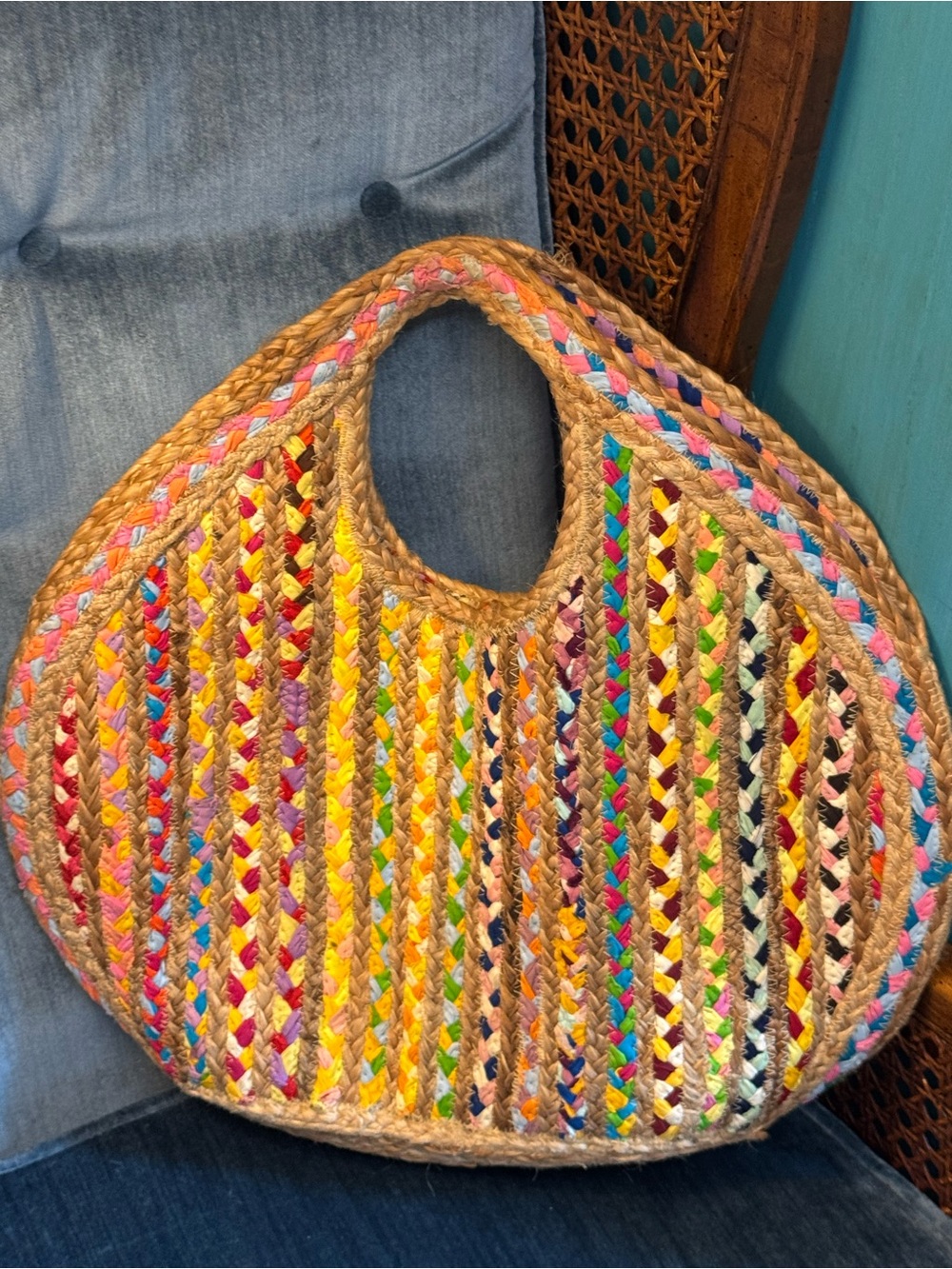 Woven Multicolor Round Tote Bag - Natural Straw - Picture 2 of 2